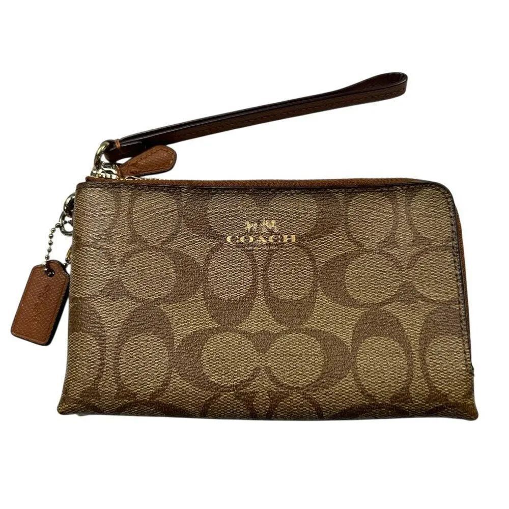 Coach Signature Brown Coated Canvas Double Zip Corner Wristlet Clutch Brown Tan